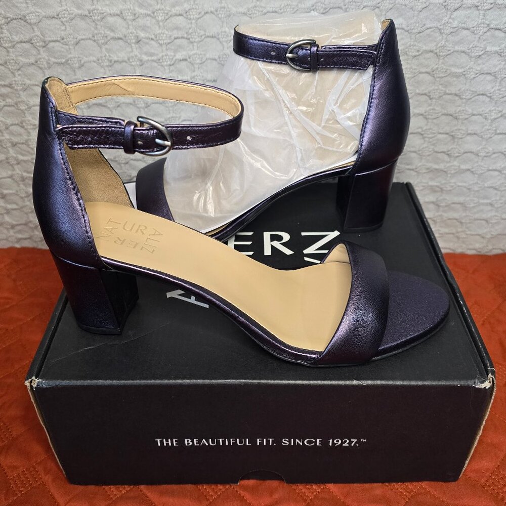 Naturalizer Vera Leather Metallic Ankle Strap Block Heel Dress Sandals